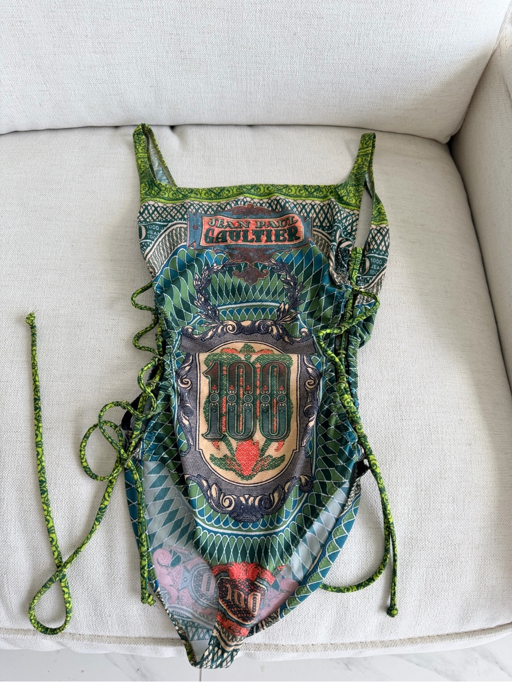 Jean Paul Gaultier Green Multi-Graphic Mesh One-Piece - Picture 1 of 5